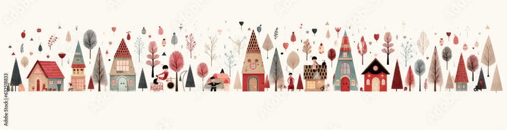 Horizontal Christmas illustration with beatiful houses and pines. Generative AI