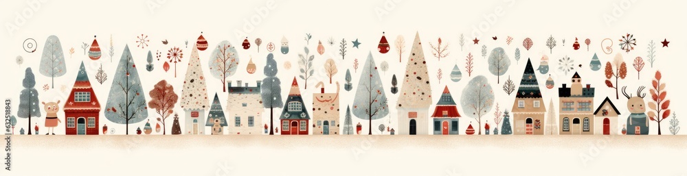 Fototapeta premium Horizontal Christmas illustration with beatiful houses and pines. Generative AI