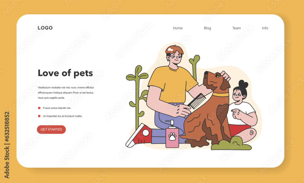 Characters grooming, taking care of a dog web banner or landing page. Characters grooming, taking care of a dog web banner or landing page.