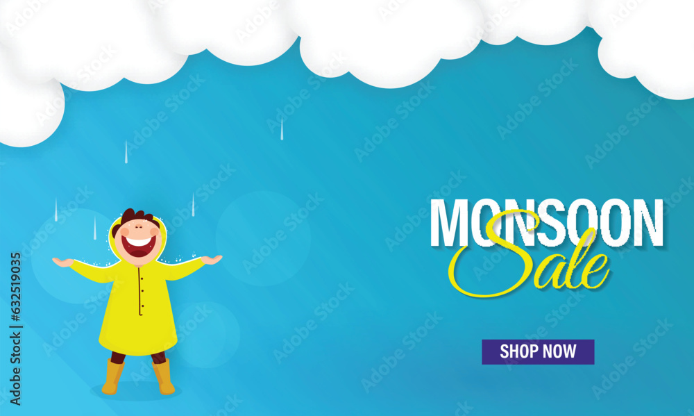 Monsoon Sale Banner Design with Cheerful Boy Enjoying Rainfall in Raincoat on Clouds Blue Background. Monsoon Sale Banner Design with Cheerful Boy Enjoying Rainfall in Raincoat on Clouds Blue Background.