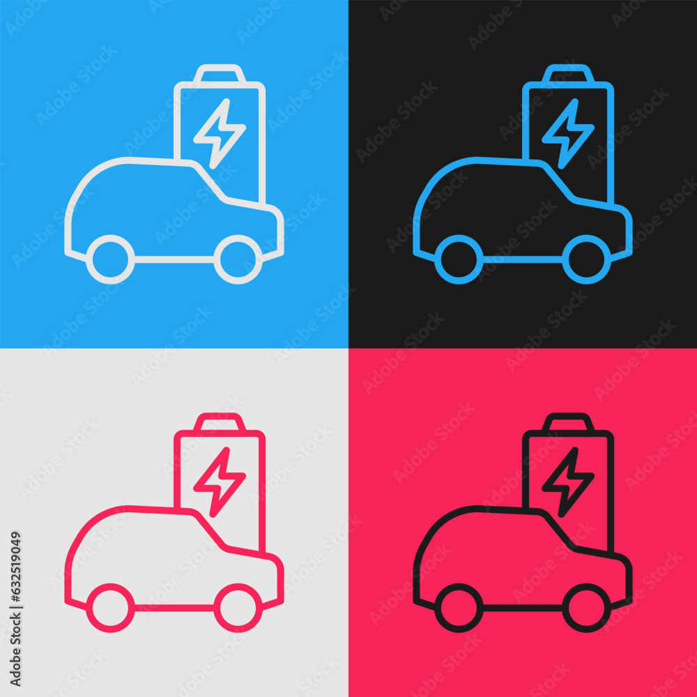 Fototapeta premium Pop art line Electric car and electrical cable plug charging icon isolated on color background. Renewable eco technologies. Vector