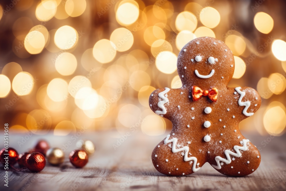 Funny gingerbread man cookie. Christmas background. Generative AI Funny gingerbread man cookie. Christmas background. Generative AI