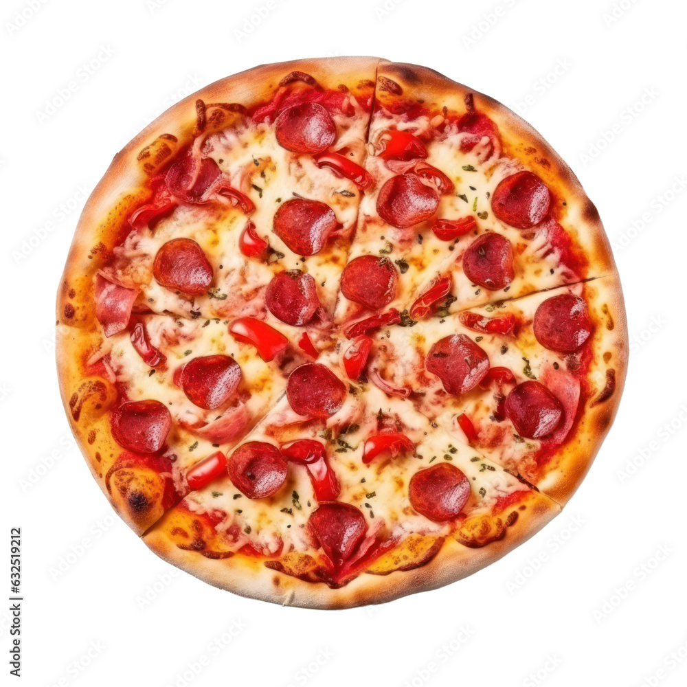Pizza with salami, red pepper, isolated on transparent background, Generative AI Pizza with salami, red pepper, isolated on transparent background, Generative AI