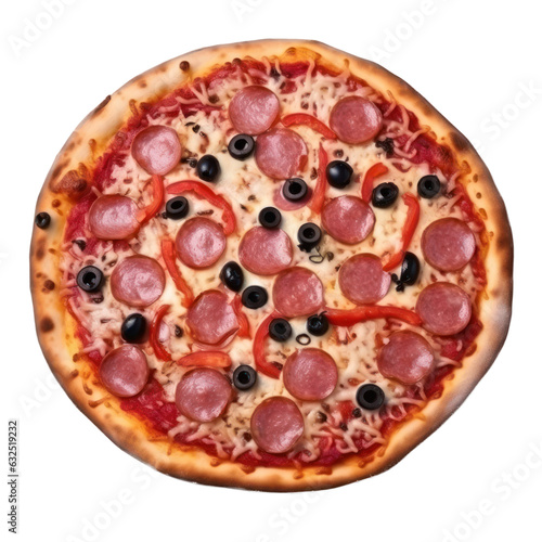Pizza with Salami, Pepperoni, Pepper, Olives , isolated on transparent background, Generative AI