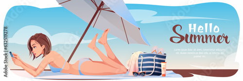 Horizontal summer banner with sunbathing girl on the beach. Summer vacation at sea, beach vibe, holidays.Tropical background for poster, flyer, advertising