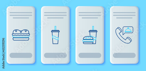 Set line Paper glass with drinking straw and water, burger, Sandwich and Food ordering icon. Vector