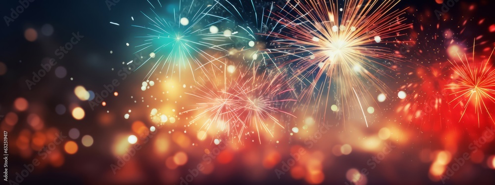 Fototapeta premium HAPPY NEW YEAR 2024 - Firework silvester New Year's Eve Party festival celebration holiday background banner greeting card - Closeup of colorful fireworks pyrotechnics in the night (Generative Ai).