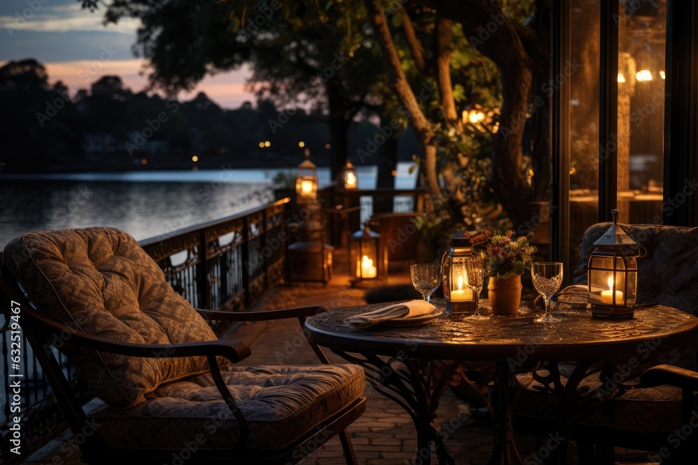 Luxury dining chair and table near lake background. Generative AI