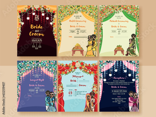 Indian Floral Wedding Invitation Card Like as Haldi, Mehndi, Sangeet, Pheras and Reception Ceremony Template.