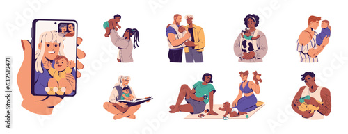 Single parents, LGBT couples with newborn babies set. Mothers, fathers, mom and dads, gay and lesbian families with infant child, kids. Flat vector illustrations isolated on white background