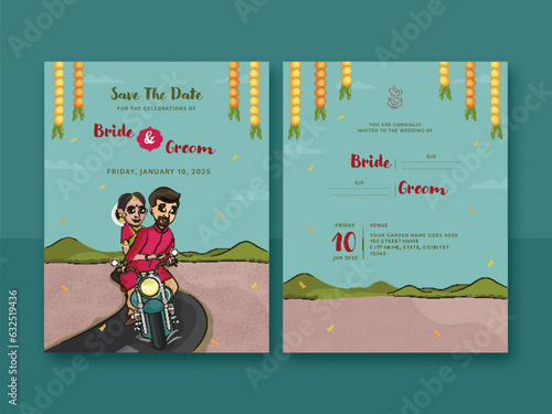Indian Wedding Invitation Card Design with Illustration of Groom and Bride Riding on Bike.