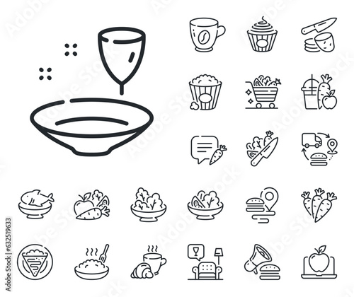 Tableware wineglass sign. Crepe, sweet popcorn and salad outline icons. Plate line icon. Food kitchenware dish symbol. Plate line sign. Pasta spaghetti, fresh juice icon. Supply chain. Vector © blankstock
