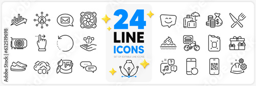 Icons set of Voicemail, Coins bag and Recovery phone line icons pack for app with Messenger, Smile face, Qr code thin outline icon. Networking, Dots message, Skin care pictogram. Shoes. Vector
