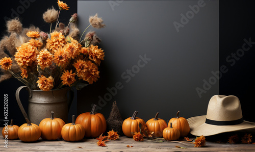 Pumpkin, hat, flower and leaves on the wooden table and glay space for text. Autumn ornament decoration. design for poster, banner, wallpaper, card. photo