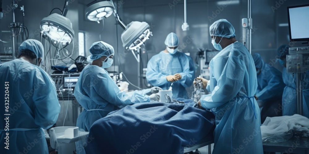 In blue coats. Medical team preparing equipment for surgery. Beautiful illustration picture. Generative AI In blue coats. Medical team preparing equipment for surgery. Beautiful illustration picture. Generative AI