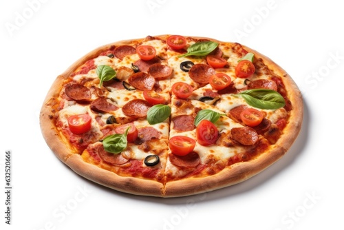 pizza with salami and tomatoes isolated on white background Generative Ai