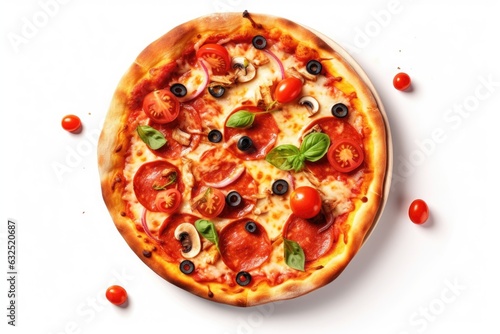 pizza with salami and tomatoes isolated on white background Generative Ai