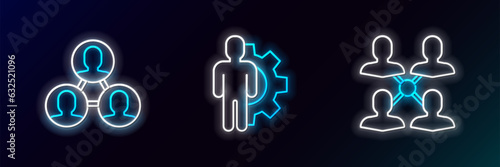 Set line Project team base, and Human with gear inside icon. Glowing neon. Vector