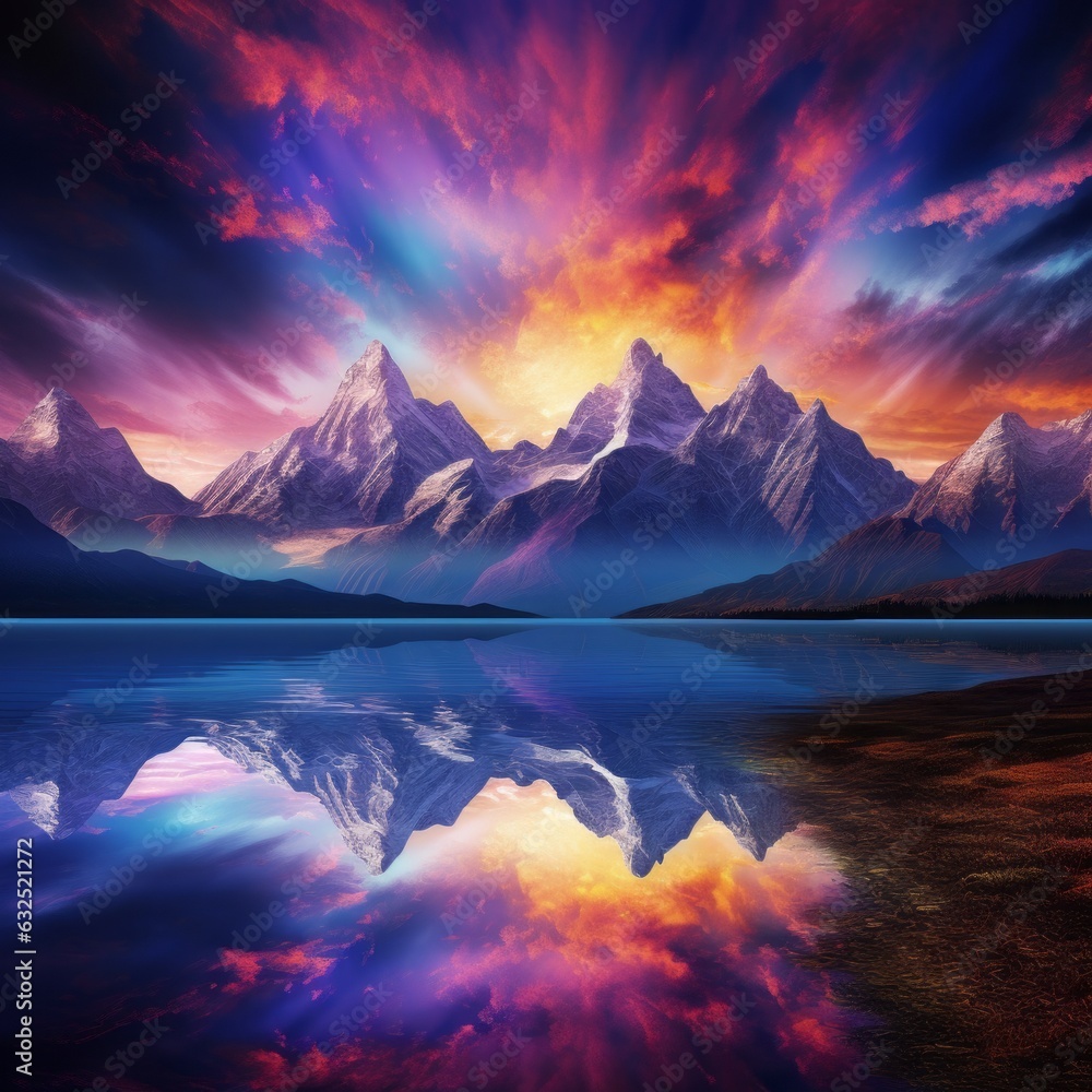 Mountains sunrise clouds, reflection in the water. Beautiful illustration picture. Generative AI