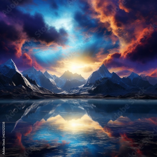 Mountains sunrise clouds, reflection in the water. Beautiful illustration picture. Generative AI