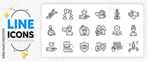 Time management, Hold heart and Escalator line icons set for app include Vaccine protection, Business choice, Man love outline thin icon. Doctor, Manager, Teamwork questions pictogram icon. Vector