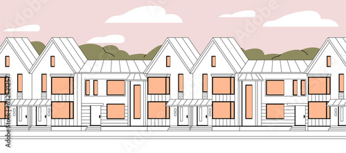 Modern townhouse in city. Suburban building with neighborhood in line style. Urban cluster of condo houses in town. New district with European exterior. Flat vector illustration lineart, panorama view