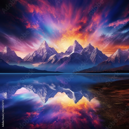 Mountains sunrise clouds, reflection in the water. Beautiful illustration picture. Generative AI © standret