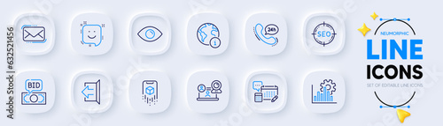 Bid offer, Seo graph and Account line icons for web app. Pack of Internet, Augmented reality, Video conference pictogram icons. Eye, Sign out, 24h service signs. Seo, Messenger mail, Smile. Vector