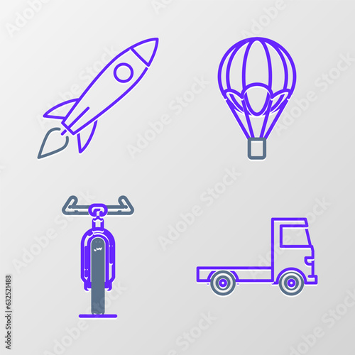 Set line Delivery cargo truck vehicle, Bicycle, Hot air balloon and Rocket ship with fire icon. Vector