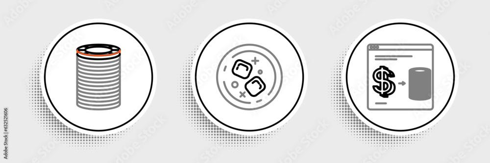 Set line Online casino chips exchange on stacks of dollars, Casino and Glass whiskey and ice cubes icon. Vector Set line Online casino chips exchange on stacks of dollars, Casino and Glass whiskey and ice cubes icon. Vector