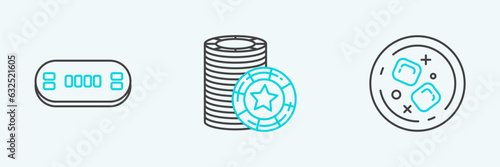 Set line Glass of whiskey and ice cubes, Poker table and Casino chips icon. Vector