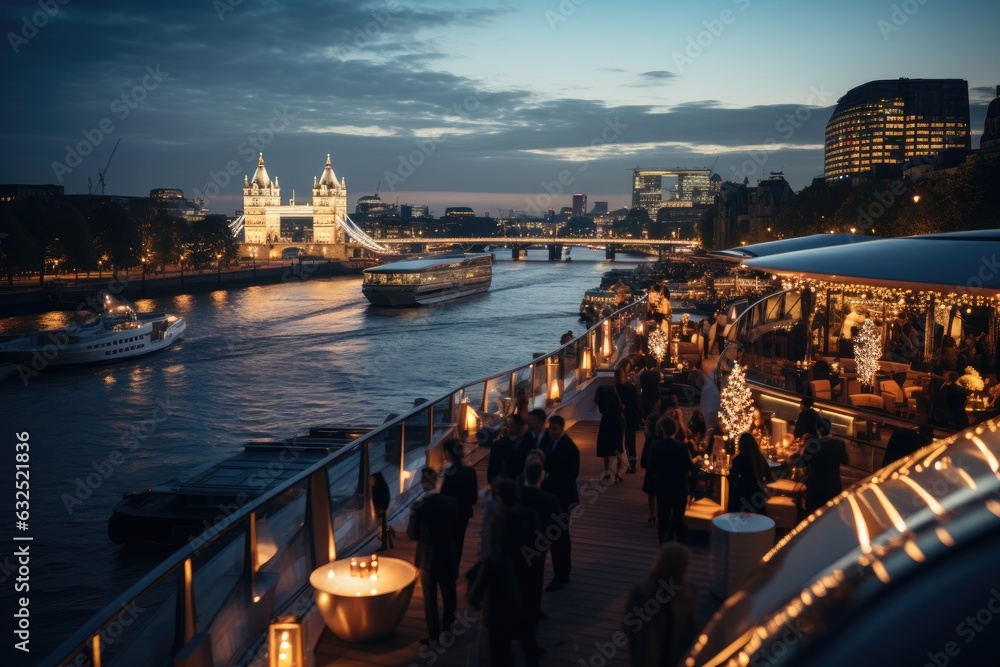 Fototapeta premium Luxury eatery near beautiful lake. dinner concept. Generative AI