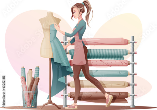 Tailor, fashion designer works with fabric on mannequin. Dressmaker designing clothes, draping textile on dummy. Seamstress work, tailoring. Vector illustration of a seamstress in the workplace.