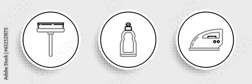 Set line Electric iron, Squeegee, scraper, wiper and Plastic bottles for liquid dishwashing liquid icon. Vector
