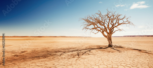Photo A desolate desert landscape featuring a dead tree standing tall against the barren backdrop, symbolizing the arid conditions