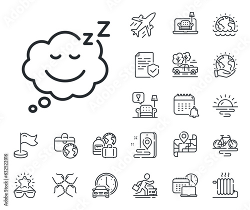 Night rest sign. Plane jet, travel map and baggage claim outline icons. Sleep line icon. Comic speech bubble with smile symbol. Sleep line sign. Car rental, taxi transport icon. Place location. Vector