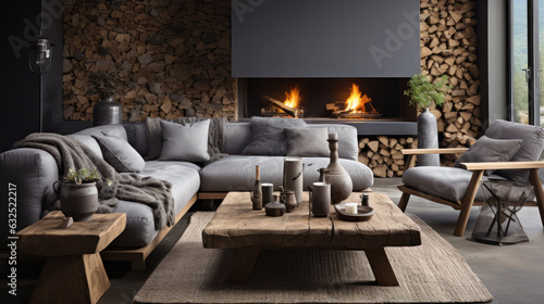 Cosy Tranquility: Fireplace and Wooden Logs Coffee Table in a Modern Scandinavian Living Room. Generative AI © Sascha