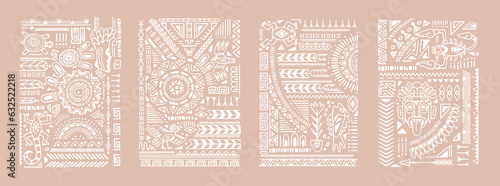 Aztec, African, Mayan ornaments set. Abstract geometric shapes and animals in boho style, ethnic pattern, tribal elements. Ancient Cherokee, Mexican tattoo, wall art. Flat graphic vector illustration