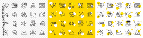 Outline Atom, Quickstart guide and Meditation eye line icons pack for web with Augmented reality, Biometric security, Chemistry pipette line icon. Weather, Web report, Globe pictogram icon. Vector