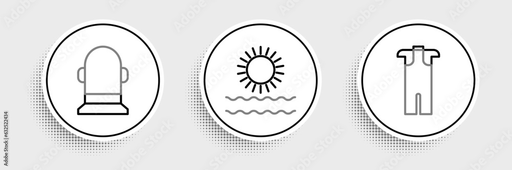 Set line Wetsuit for scuba diving, Buoy and Sun and waves icon. Vector Set line Wetsuit for scuba diving, Buoy and Sun and waves icon. Vector