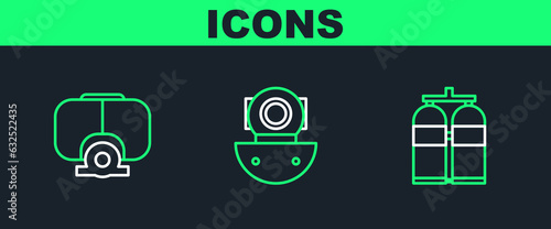 Set line Aqualung, Diving mask and icon. Vector