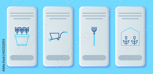 Set line Wheelbarrow, Garden pitchfork, Plants in pot and Home greenhouse and plants icon. Vector