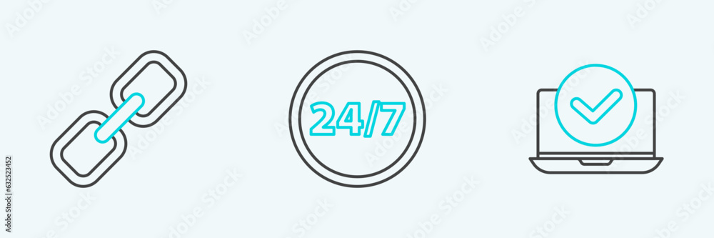 Set line Laptop, Chain link and Clock 24 hours icon. Vector