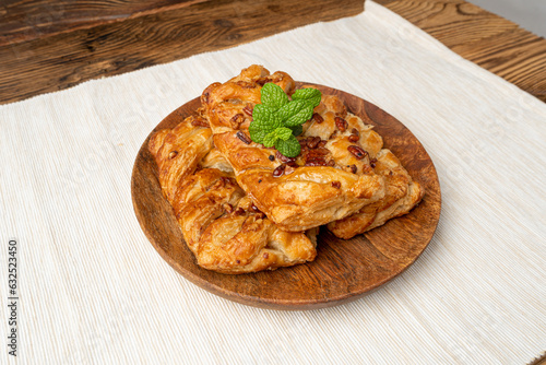 Maple Pecan Puff Pastry Isolated, Danish Plaits Pastries with Maple Syrup and Pecan Nuts, Breakfast Bakery photo