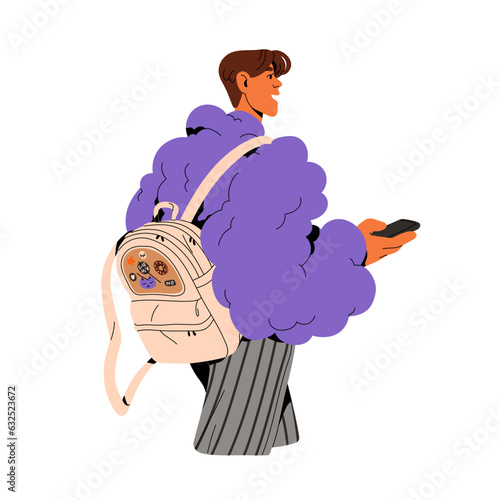 People with backpack. Fashionable modern woman in plush jacket wears bag with patches, back view. Student walking in city in casual urban style. Flat isolated vector illustration on white background