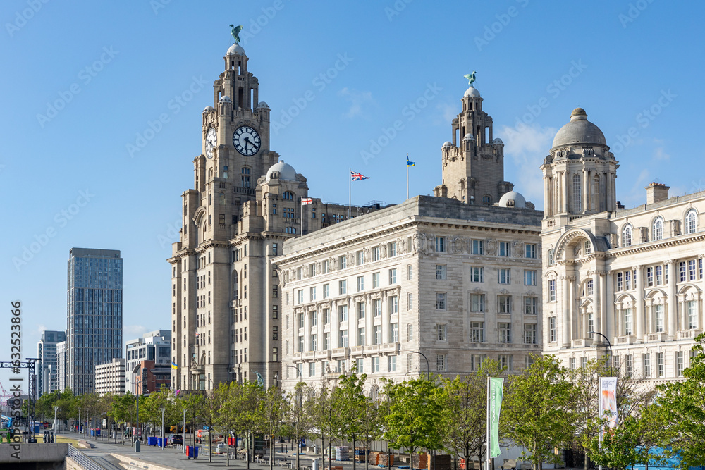  Liverpool, united kingdom May, 16, 2023 Pier Head and The Three Graces, consist of the Royal Liver Building, The Cunard Building and the Port of Liverpool Building