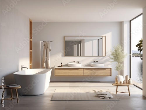 Modern bathroom interior with vanity  double sink  bathtub  and shower generative ai