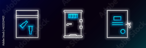 Set line Lawsuit paper, Evidence bag and bullet and Prison cell door icon. Glowing neon. Vector
