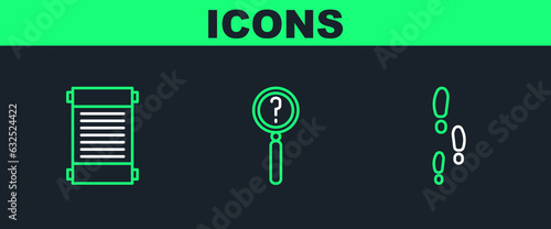 Set line Footsteps, Decree, paper, parchment, scroll and Magnifying glass with search icon. Vector