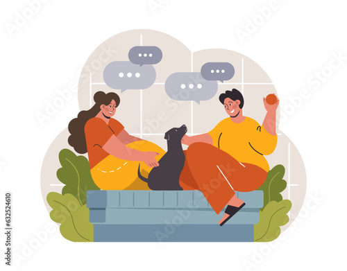 Hygge. Happy people relaxing at home, family members leisure